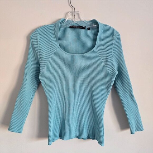 LAFAYETTE 148 | Silk Sweater Top Ribbed Square Neck Blue Sz LARGE - Picture 1 of 5